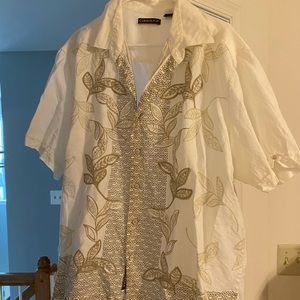 Linen button front shirt with embroidered detail